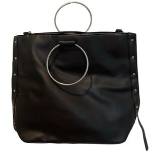 Black Women's Tote Bag Chrome Silver Ring Handle Stud Accents Adjustable Strap